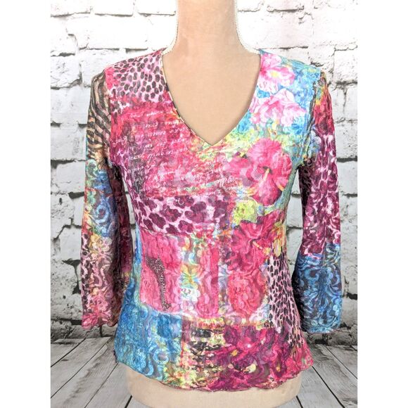Reversible Y2K 90s Phoebe Buffay Stretch Mesh Floral Animal Print Top Small - Picture 5 of 7